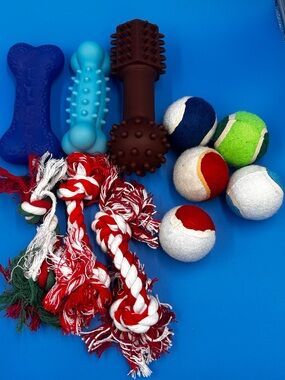 pet Toy Pack – Blue, Brown, Light Blue, Red, White, Green Tennis & Chew Toys